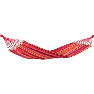 Gestreifte Stabhängematte Tonga Vulcano (200x100 cm) in Rot-, Gelb- und Lilatönen.