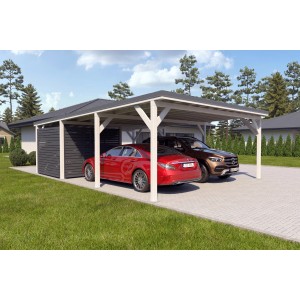 Holzbrüder Doppelcarport Ralf mit Geräteraum, weiß und dunkelgrau, mit zwei geparkten Autos.