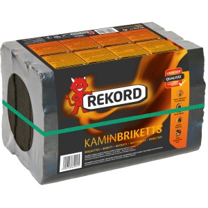 Rekord Braunkohlebriketts, 10 kg, im Folienpack. Brennstoff für Kaminöfen mit langer Brenndauer.