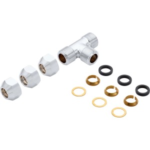 Quetschverschraubung T-Stück Ø 10 mm mit Überwurfmuttern, Dichtungen und Einlegeringen.