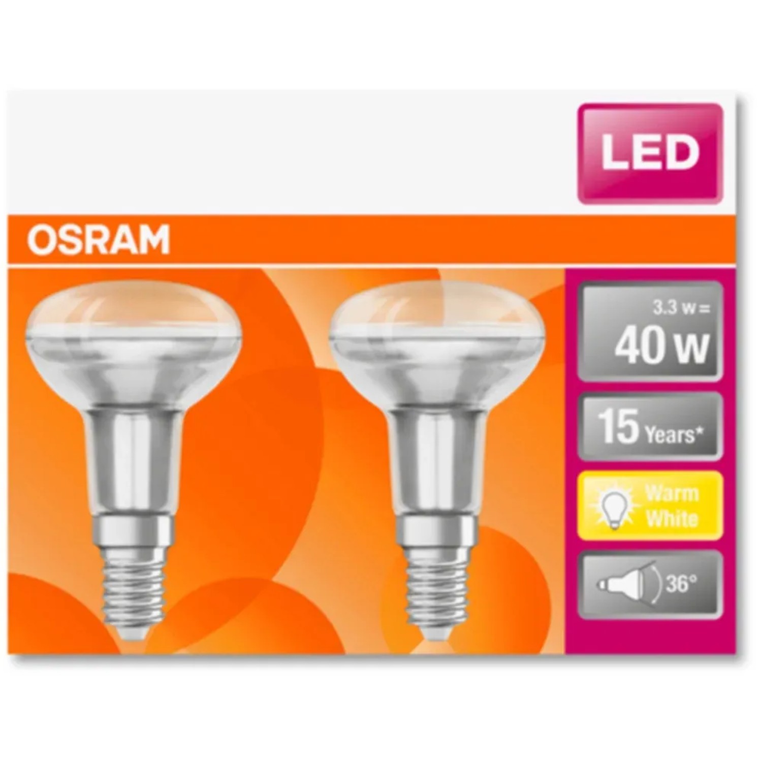 Osram LED Reflektor R50 E14, 2,6W, 210lm, 2er Set. Warmweißes Licht für Wohnbereich.