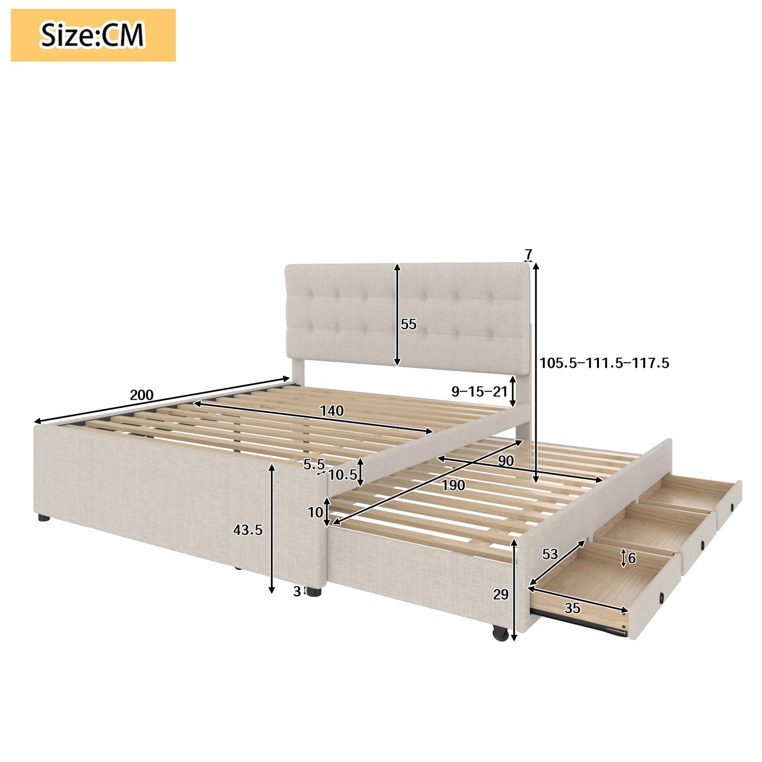 okwish Polsterbett 140x200cm mit Schubladen Schlafzimmer Beige ohne Matratze_5