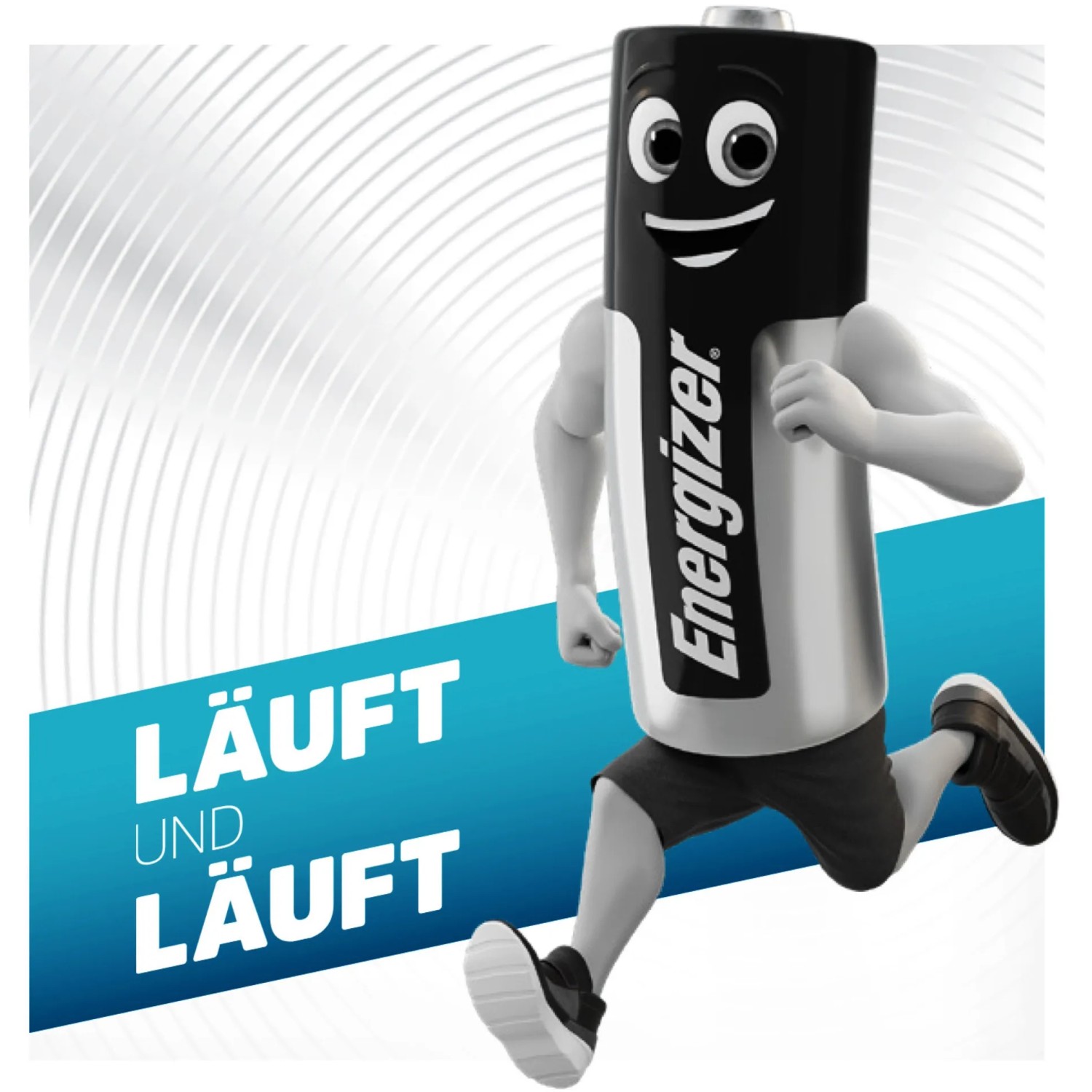 Energizer Max Plus AAA Batterie als Comicfigur beim Laufen.