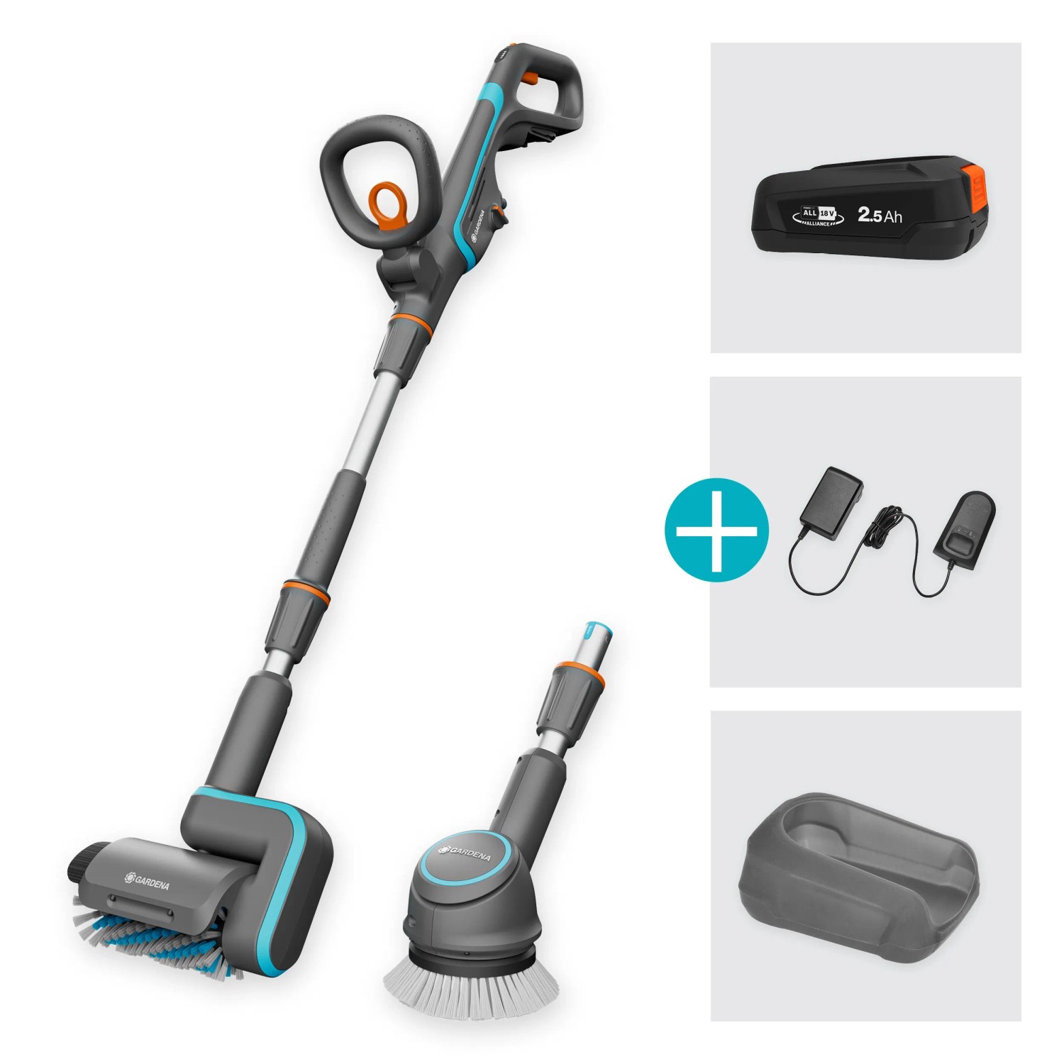 Gardena Akku-Multi-Reiniger AquaBrush Universal Set mit Akku, Walzen- und Tellerbürste.