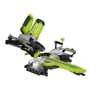 Zipper Kapp- und Gehrungssäge ZI-KGS255DS mit grünem Gehäuse und Werkstückauflagen.