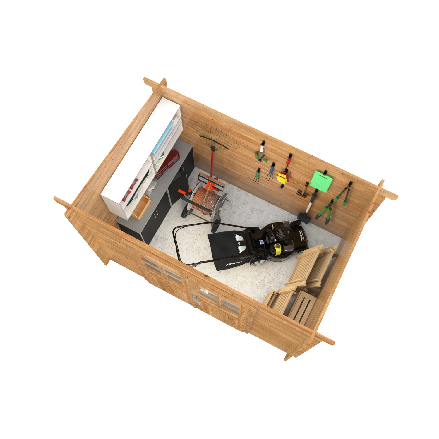 Innenansicht: Braunes Palmako Gartenhaus Alice mit Gartengeräten und Werkzeugen.