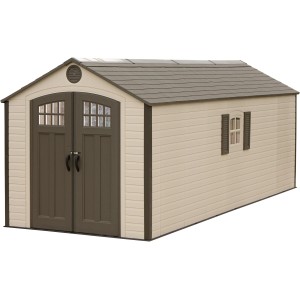 Großes, grau-anthrazitfarbenes Lifetime Kunststoffgerätehaus (244x609cm) mit Doppeltür und Fenster.