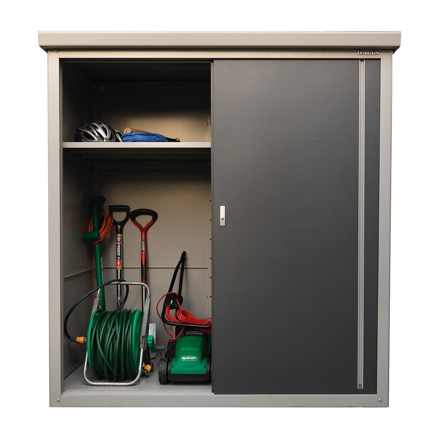 Trimetals Geräteschuppen Guardian mit Schiebetür, inkl. Boden und Gartengeräte.