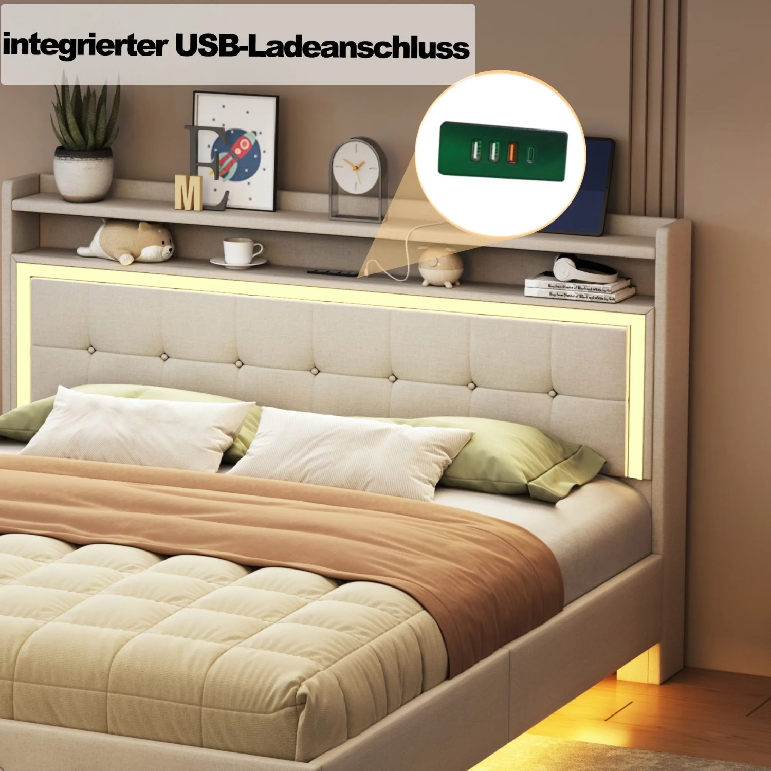 okwish Polsterbett 140x200cm mit USB LED Verstecktem Fußteil Beige ohne Matratze_6