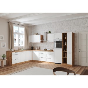 Helle Winkelküche Kempten in Weiß/Wotan Optik ohne E-Geräte, Landhausstil.