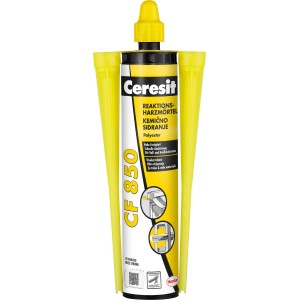 Ceresit CF850 Reaktionsharzmörtel, 300ml Kartusche in Grau und Gelb, für Schwerlastbefestigungen.