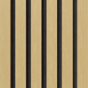 Akustikpaneel Muster Eiche unbehandelt, braune Holzleisten auf schwarzem Filz. Wandpaneel.