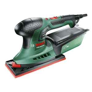 Bosch Multischleifer PSM 200 AES mit Schleifplatten und Staubfangbox.