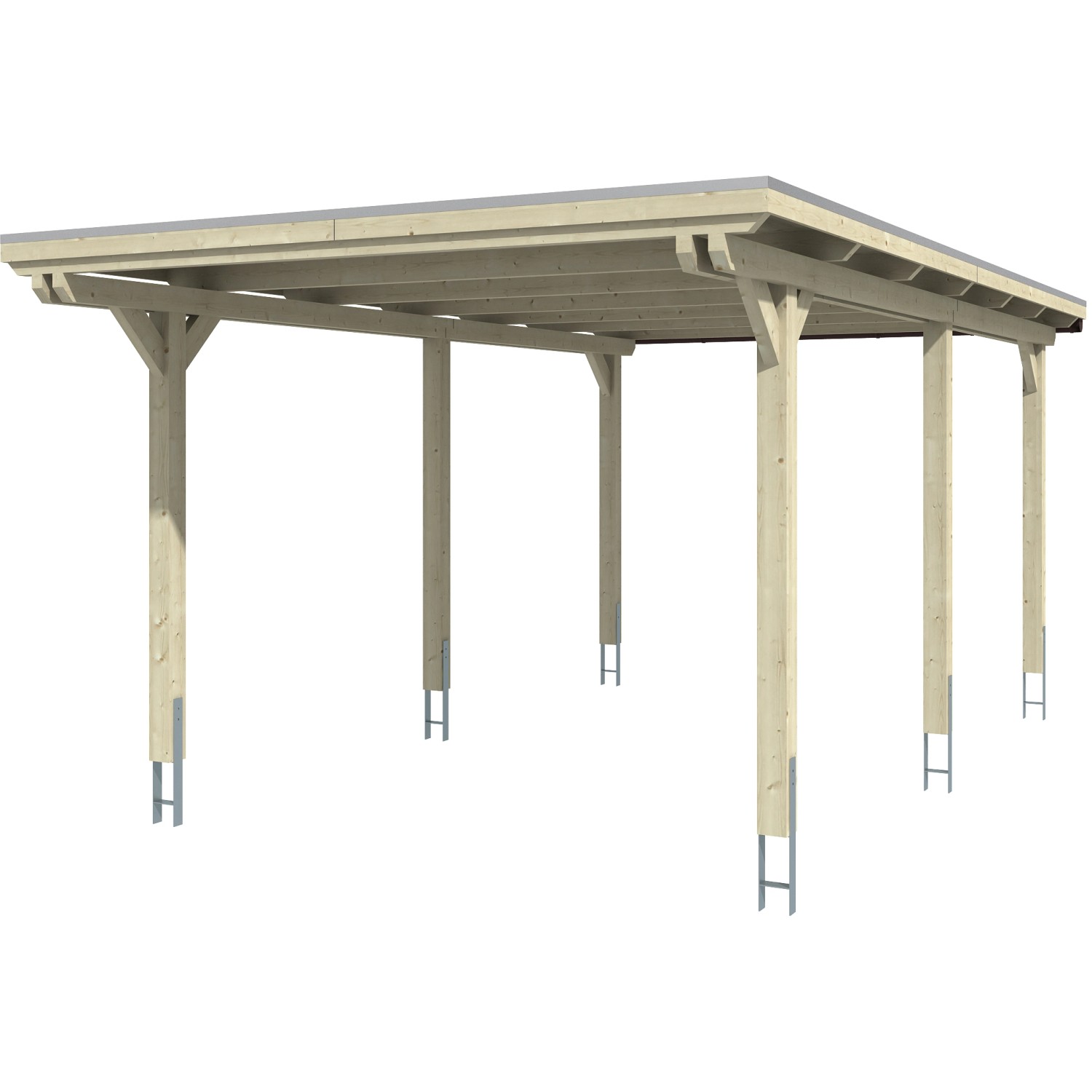 Skan Holz Carport Emsland, Nussbaum, 354x604 cm, Einzelcarport mit Flachdach und sechs Pfosten.