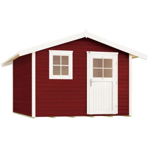 Schwedenrotes Holz-Gartenhaus mit Satteldach, Fenster und Tür. Ideal als Gerätehaus oder Hobbyraum.