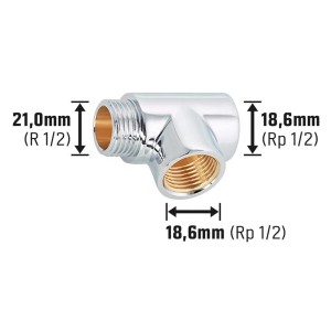 Verchromtes Messing Gewinde-T-Stück, 21 mm x 18,6 mm, für Trinkwasser- und Heizungsrohrinstallation.