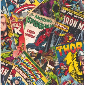 Bunte Papiertapete mit Marvel Comic Covern. Dekorative Tapete mit Spider-Man, Iron Man, Thor und Captain America.