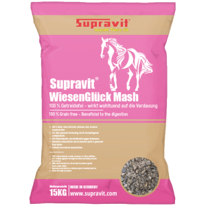 Supravit WIESENGLÜCK Mash Pferdefutter, 15kg, getreidefrei, in pink-beiger Verpackung mit Futterprobe.