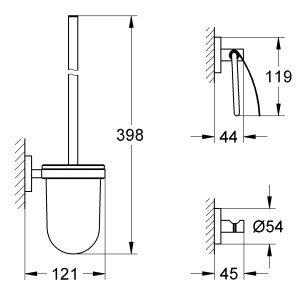 Technische Zeichnung: Grohe Essentials WC-Set 3 in 1 mit Maßen für Installation und Design.