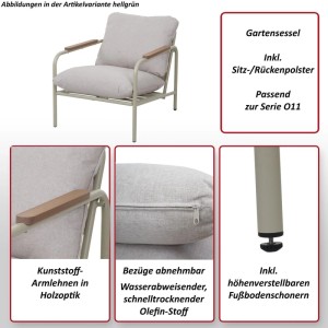 Beiger MCW Aluminium Gartensessel O11 mit Textilpolster und Armlehnen in Holzoptik.