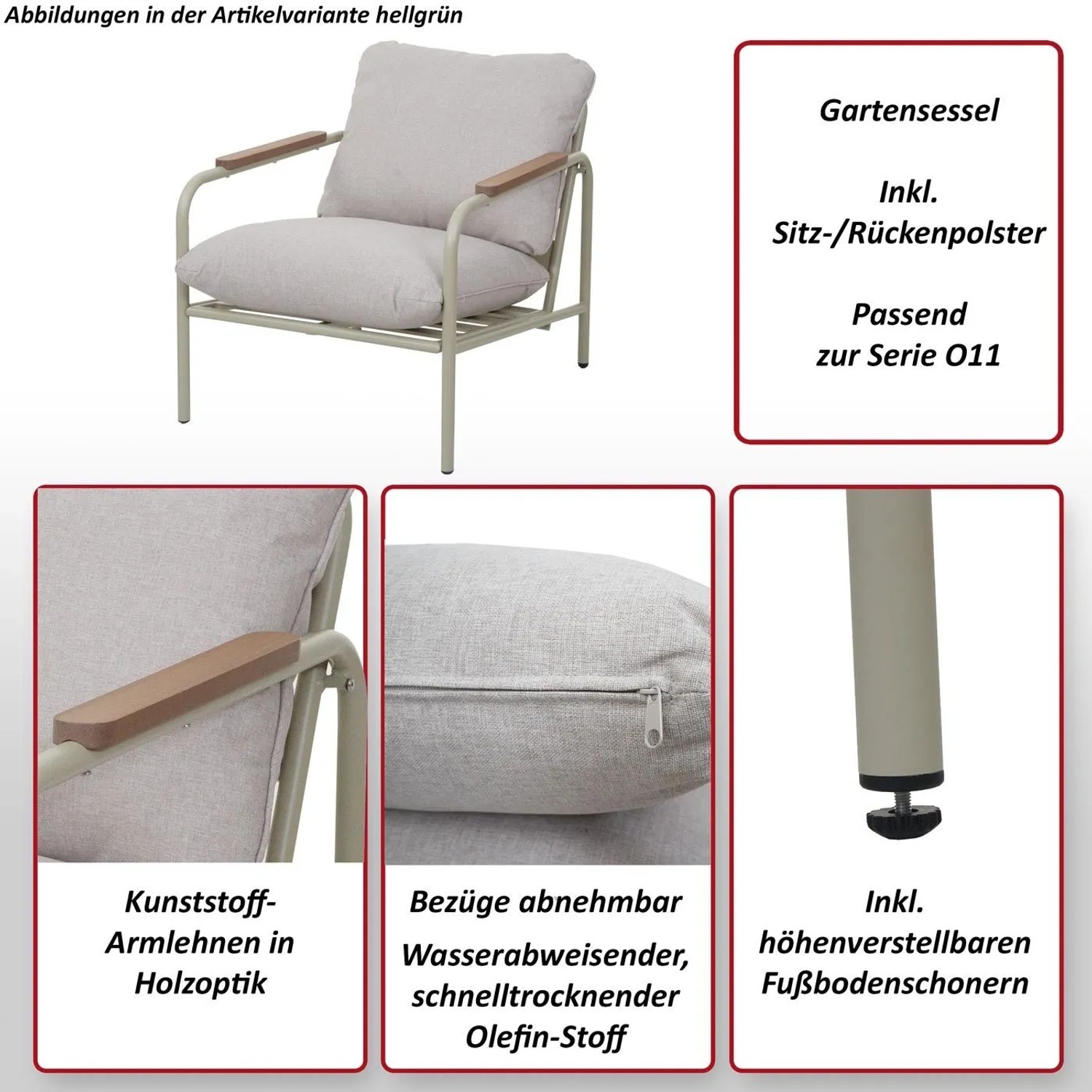 Beiger MCW Aluminium Gartensessel O11 mit Textilpolster und Armlehnen in Holzoptik.