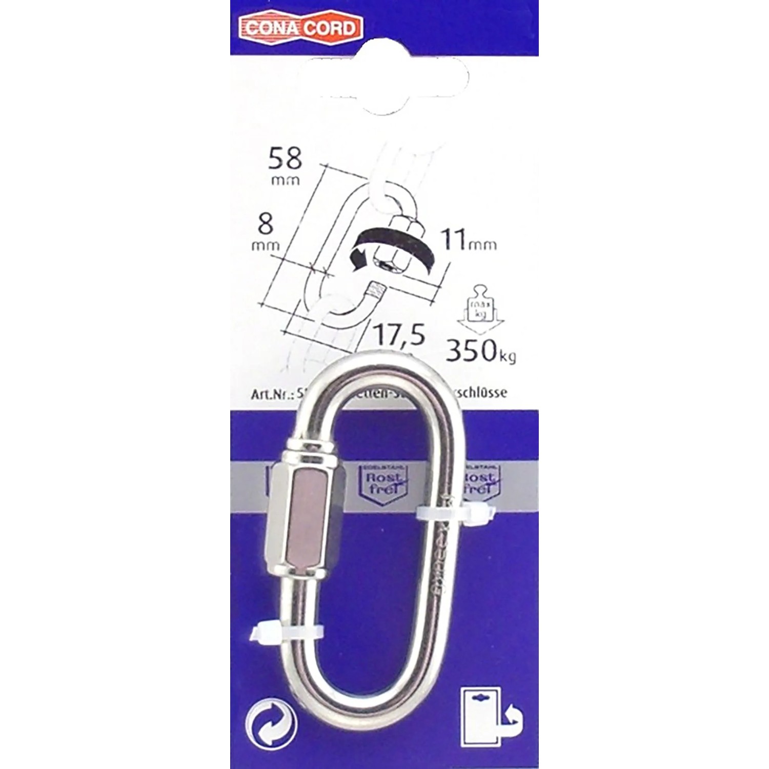 Silberner Conacord Ketten-Schnellverschluss aus rostfreiem V4A-Stahl, 8x58mm, 350kg Belastbarkeit, auf blauer Verpackung.