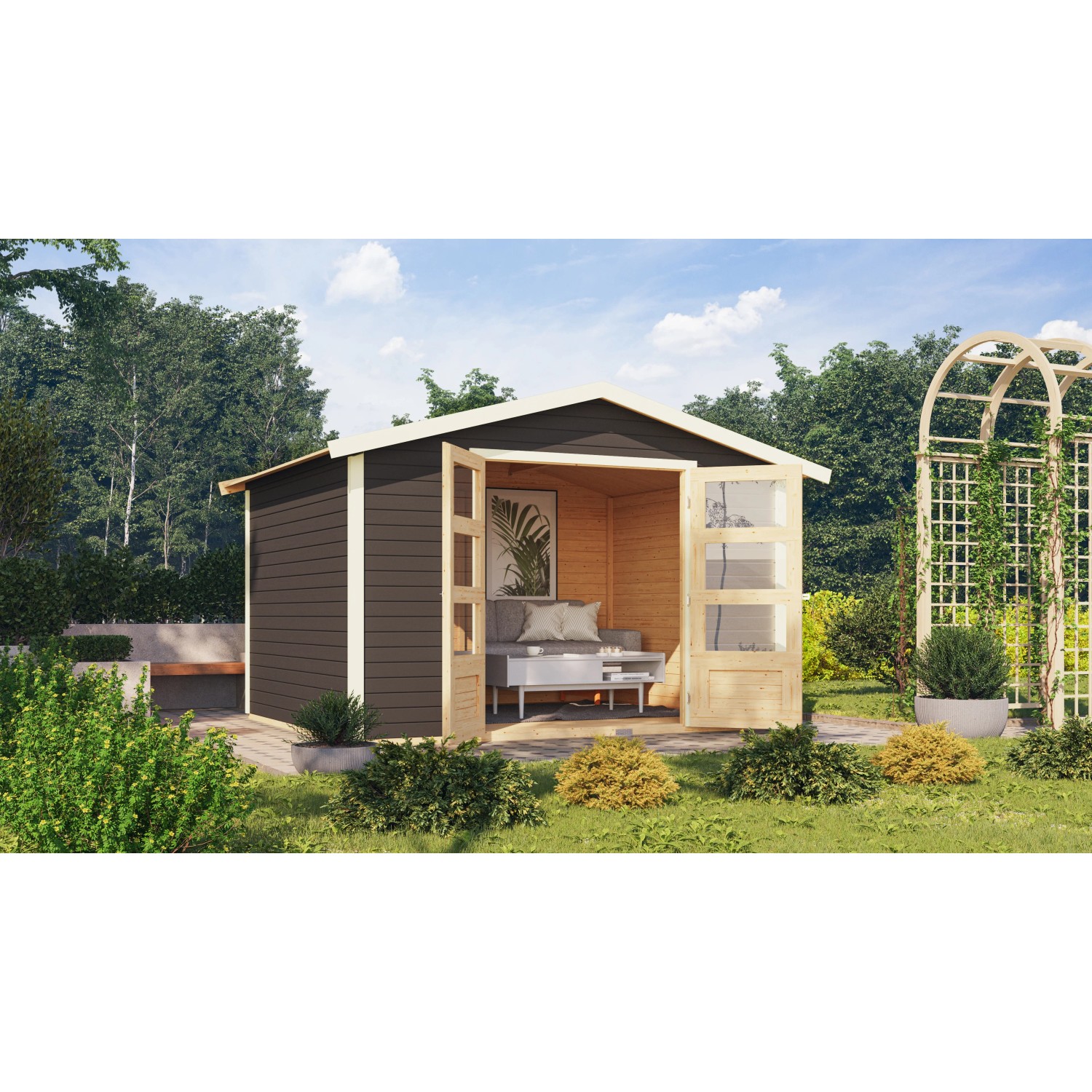 Lackiertes Karibu Holz-Gartenhaus Aesch mit Satteldach, 242x242 cm, im Garten.