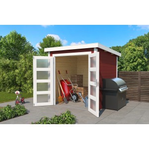 Lasita Holz-Gartenhaus Zambezi 2 in Schwedenrot mit geöffneten Türen und Gartengeräten.
