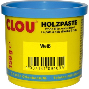 Clou Holzpaste, wasserverdünnbar, Weiß, 150g, im gelb-blauen Kunststoffbehälter.