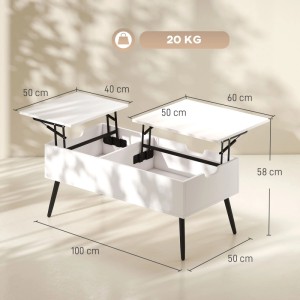 Weißer HOMCOM Couchtisch mit Lift-Top Funktion, Stauraum und schwarzen Metallbeinen. Höhenverstellbarer Wohnzimmertisch.