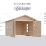 Karibu Blockbohlengarage aus Fichtenholz mit Satteldach und geöffnetem Garagentor.