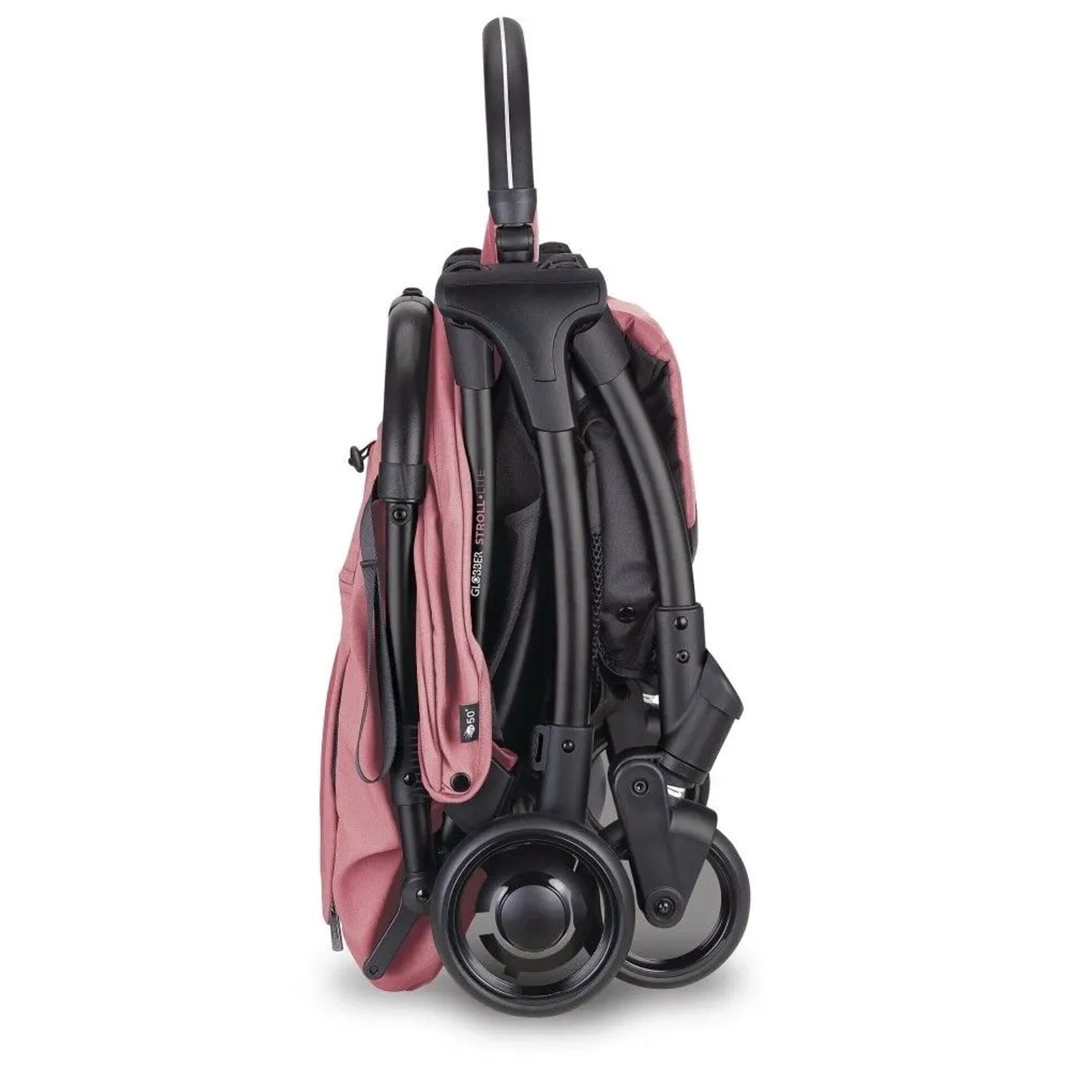 Kompakter, zusammengefalteter Globber Stroll Lite Buggy in Rosa mit 1-Hand-Falt-Automatik. Leichtgewicht für Baby & Kleinkind.