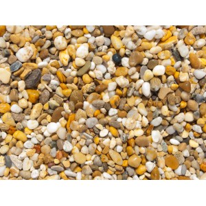 Bunte Flusskiesel, 8-16 mm, ideal für Garten- und Landschaftsbau. Zierkies im PE-Sack.