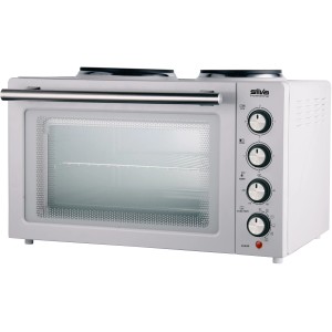 Silva Mini Backofen mit 2 Herdplatten, weiß, ideal für kleine Küchen oder Gartenhäuser.