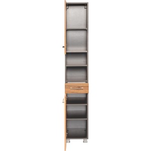 Offener Held Möbel Hochschrank Molina, 30 cm, Wotaneiche/Graphitgrau, mit Schublade und Regalfächern.