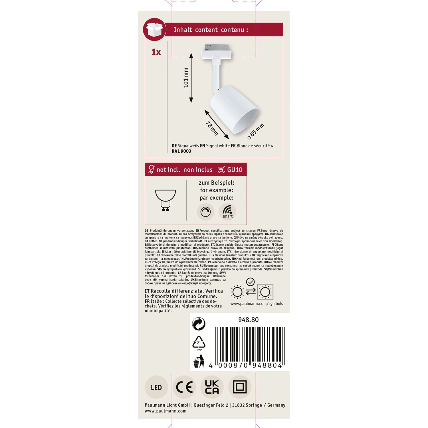 Paulmann URail Schienenspot Cover, signalweiß, Ø 6,5cm. Spot für LED-Schienensystem.