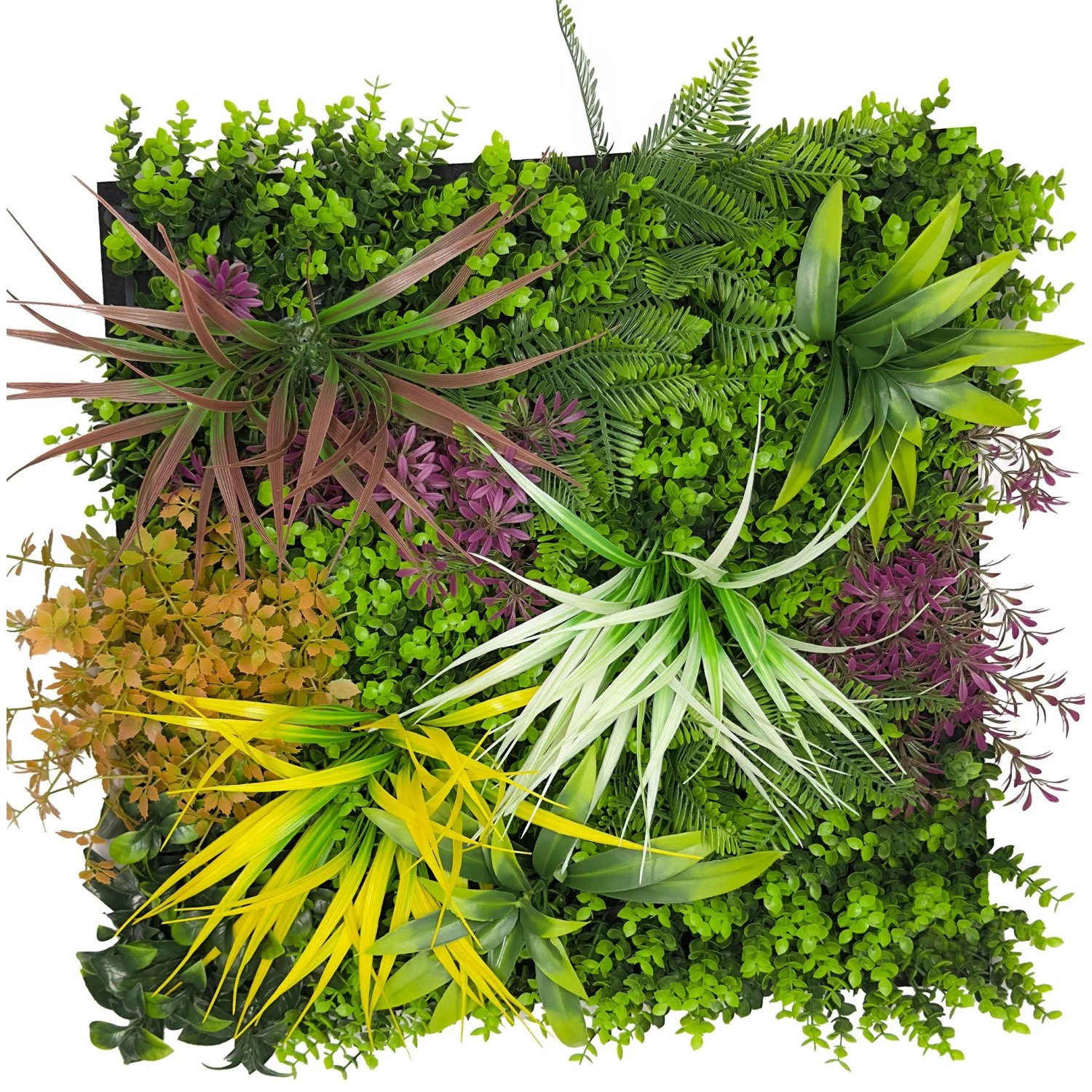 Jangal Modular Wall Flora Wandpaneel, 52x52 cm, mit dichten grünen, gelben und roten Kunstpflanzen für Wandgestaltung.