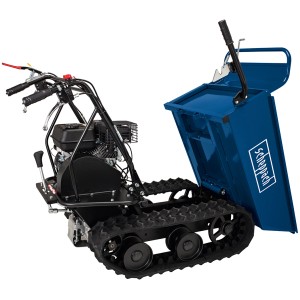 Scheppach Dumper DP450 Transportmulde mit blauem Kippbehälter und Kettenantrieb.