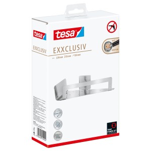 Verpackung der Tesa Eckduschablage Exxclusiv in Edelstahloptik. Duschregal zur Wandmontage ohne Bohren.