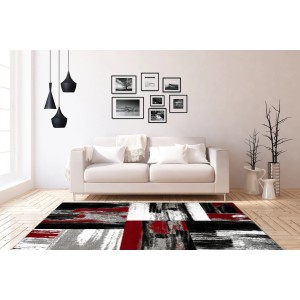 Moderner roter Teppich Giga 310, 120x170 cm, mit abstraktem Muster und 3D-Effekt im Wohnzimmer.