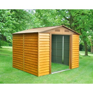 Pergart Gerätehaus Frankfurt II in Holzoptik, 278x323x215 cm, mit offener Schiebetür im Garten.