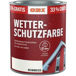 Dose OBI Wetterschutzfarbe Aktion Reinweiß, 1 Liter. Premium Wetterschutz für Innen und Außen.