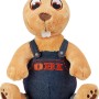 OBI Biber Plüschtier, orange, sitzend, mit Jeans-Latzhose und OBI Logo. Kuschelige Dekorative Figur für Kinder.