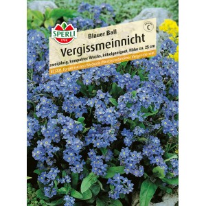 Samenpackung Sperli Vergissmeinnicht Blauer Ball mit blühenden, blauen Vergissmeinnicht Blumen.