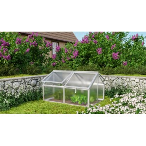 Vitavia Frühbeet Gamma HKP Alu, 89x124x71 cm, mit aufstellbaren Fenstern im Garten.