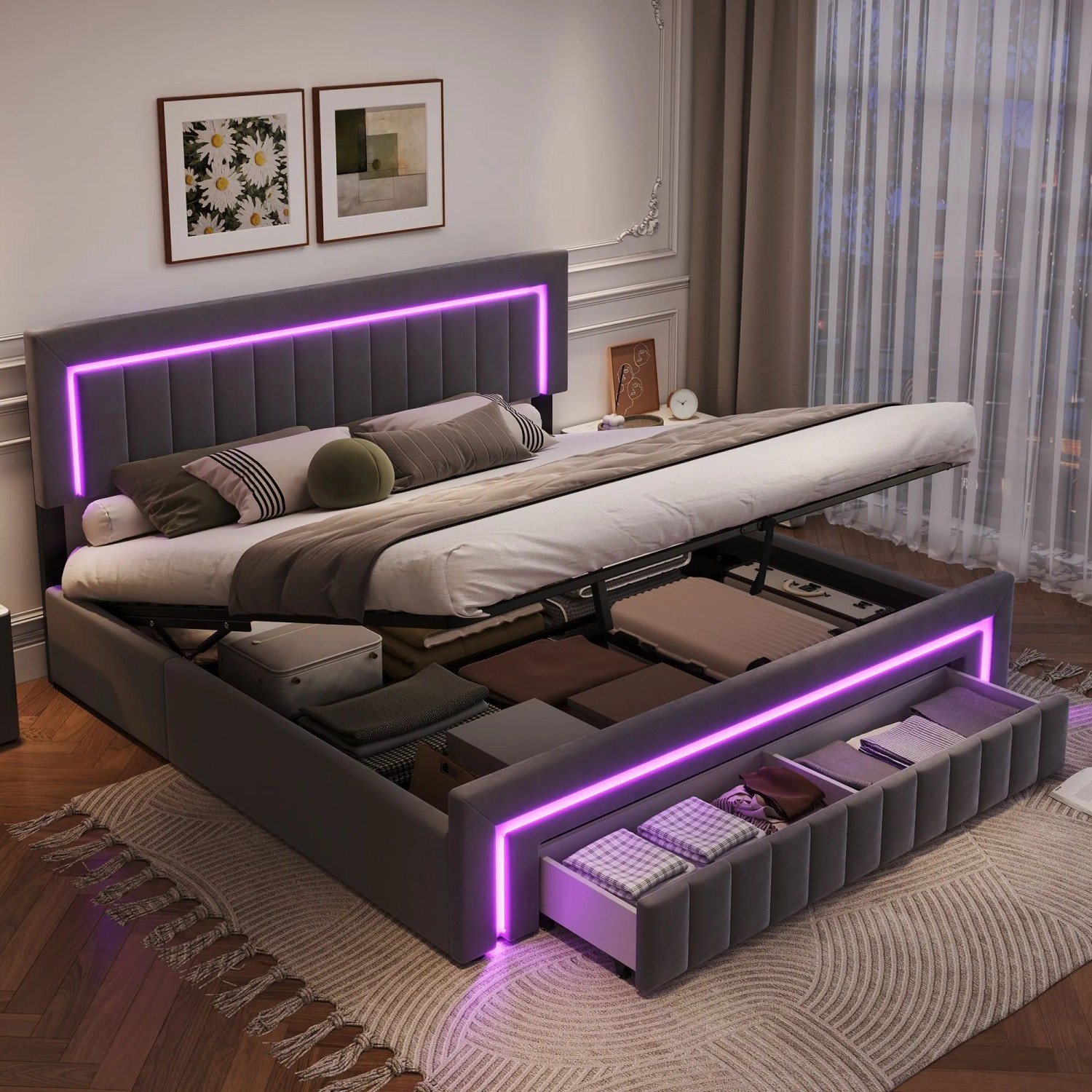 okwish Polsterbett mit LED Beleuchtung Schubladen Jugendzimmer 180x200cm Grau_6