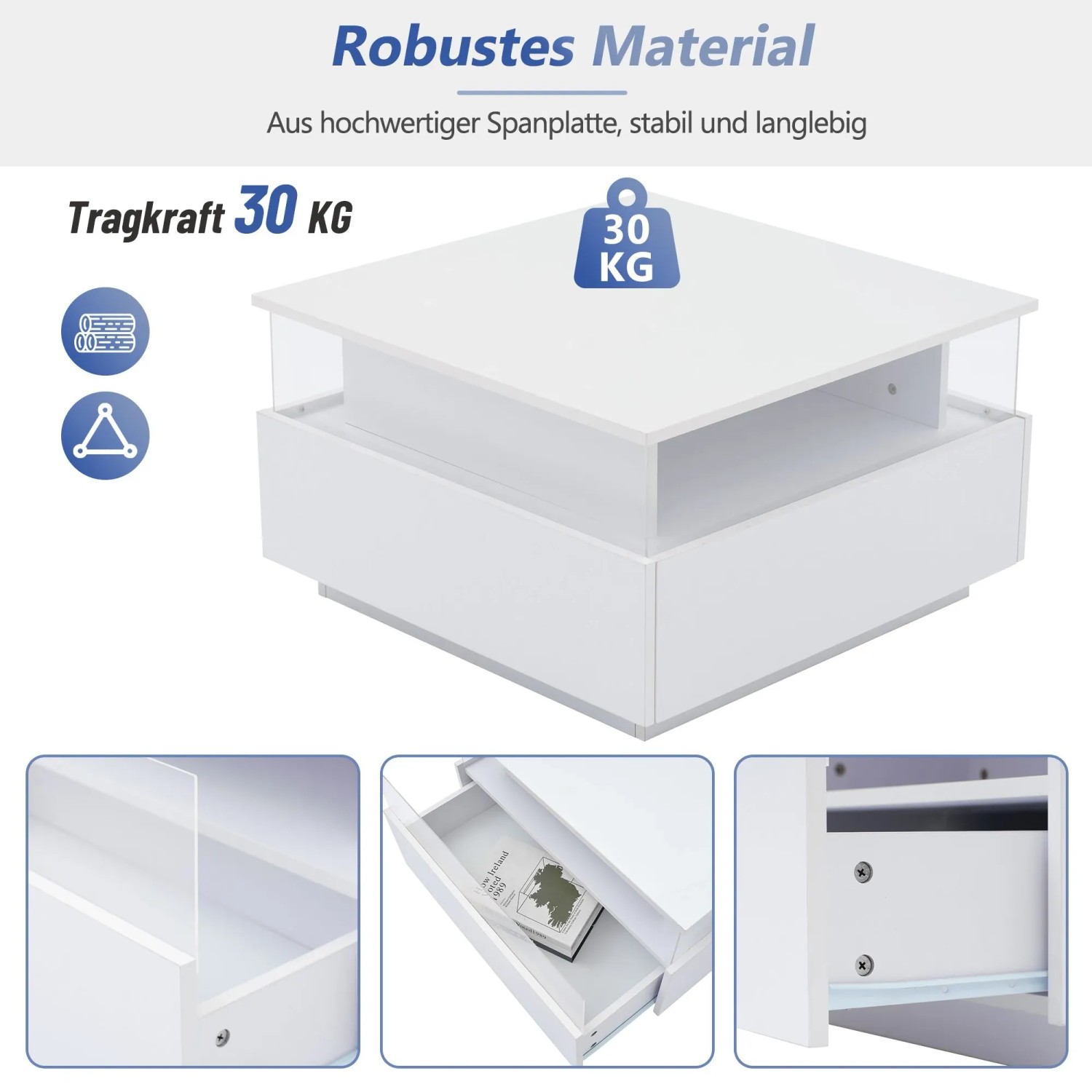 okwish Couchtisch mit LED 2 Schubladen Präsentationsbereich 70x70x41cm Weiß_8