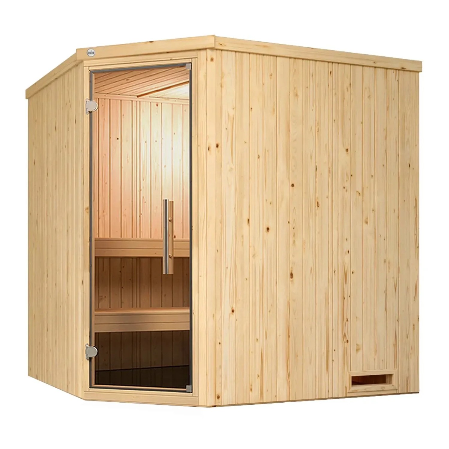 Weka Element-Ecksauna Varberg mit Glastür, Fichte natur, ohne Ofen. Elementsauna mit Eckeinstieg.