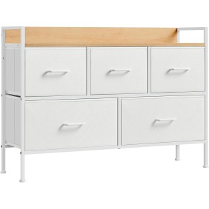 Songmics Kommode mit 5 Stoffschubladen in Weiß-Eiche/Beige für Wohnzimmer.