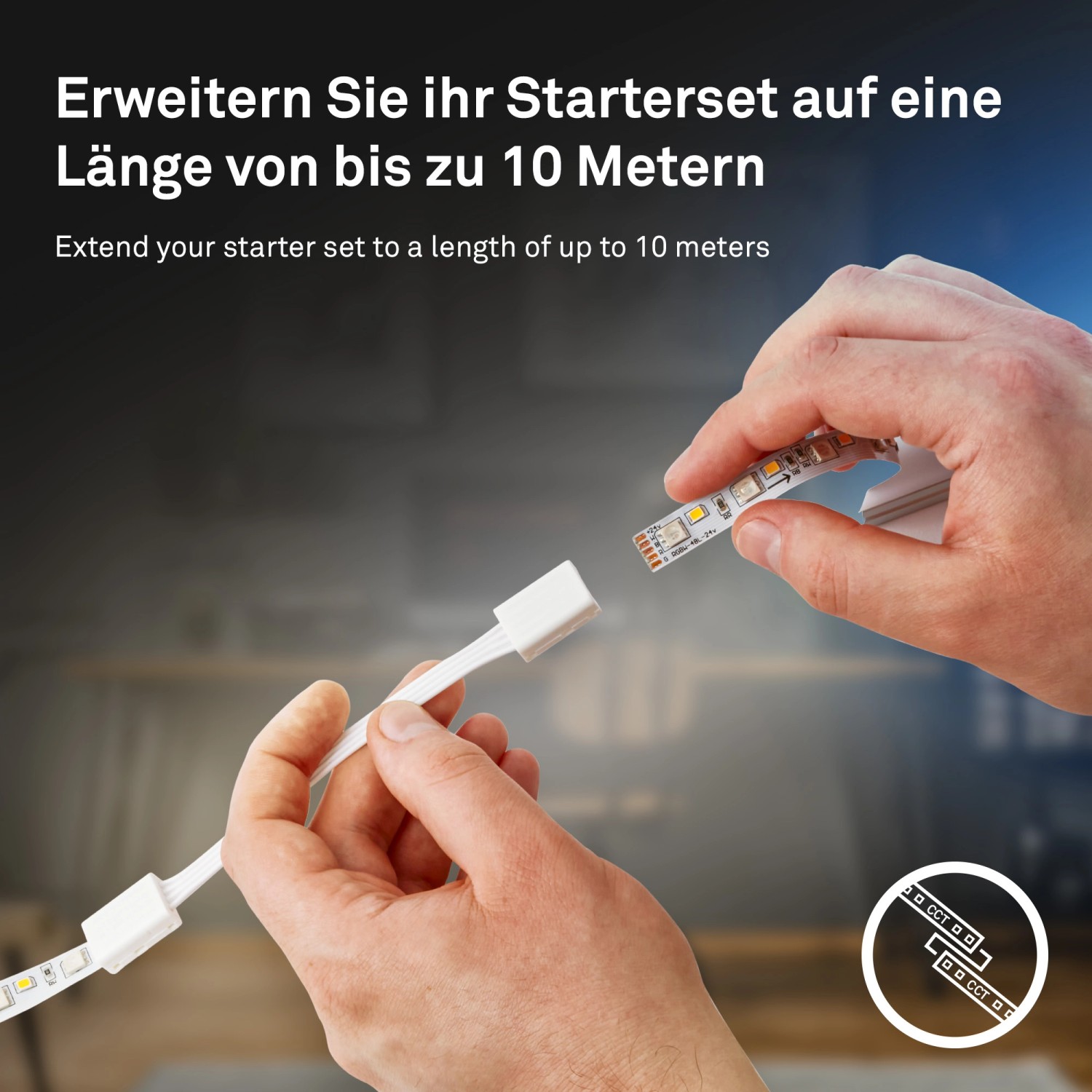Briloner LED-Band Starter-Set: Zwei Hände verbinden LED-Streifen, um ihn zu erweitern.